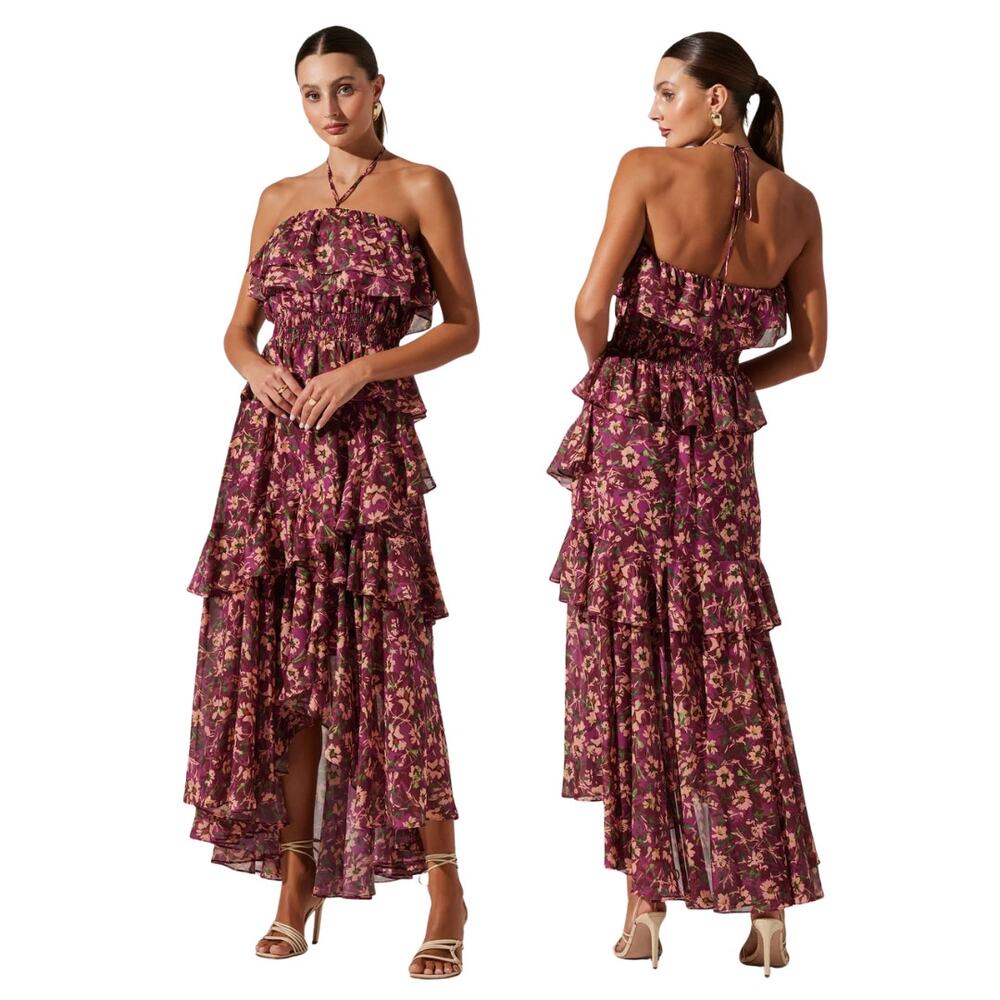 Astr the Label Elena Floral Dress Halter Tiered Ruffle Boho Party Garden XS